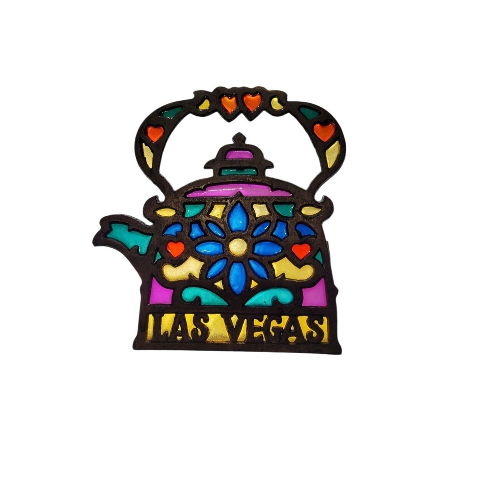 Vintage 1980's Las Vegas Trivet Cast Iron Stained Glass Tea Kettle Pot Taiwan